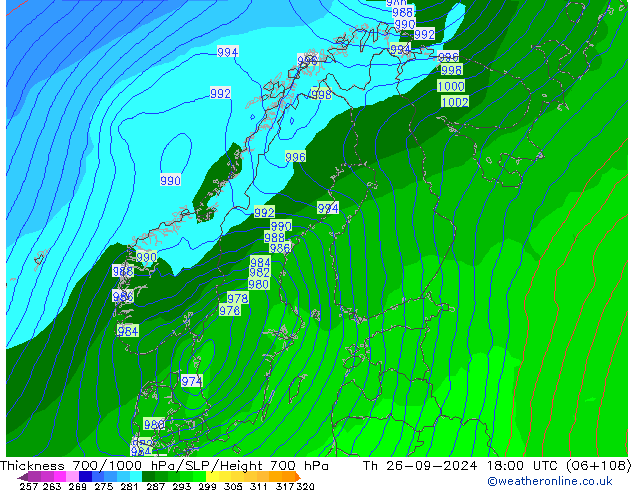 Thck 700-1000 hPa GFS Th 26.09.2024 18 UTC