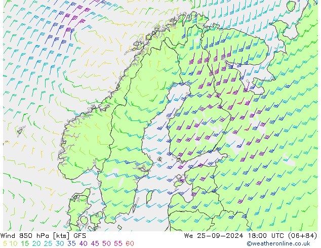 Vento 850 hPa GFS Qua 25.09.2024 18 UTC