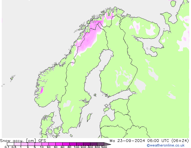 Snow accu. GFS 星期一 23.09.2024 06 UTC