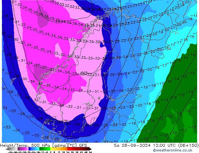 Hoogte/Temp. 500 hPa GFS za 28.09.2024 12 UTC