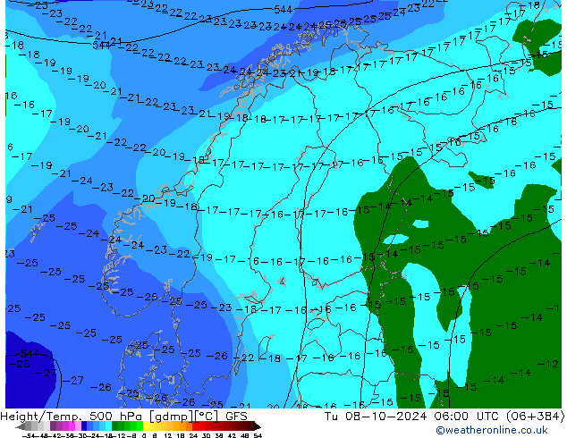 Z500/Rain (+SLP)/Z850 GFS Út 08.10.2024 06 UTC