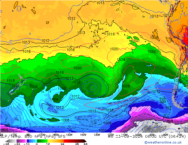 SLP/Temp. 850 hPa GFS Seg 23.09.2024 06 UTC