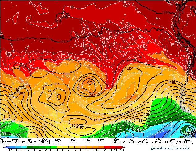 Theta-W 850hPa GFS zo 22.09.2024 09 UTC