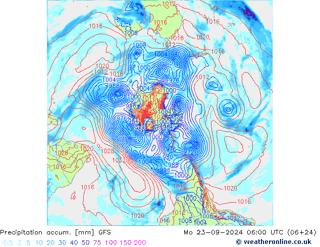 Precipitation accum. GFS Mo 23.09.2024 06 UTC