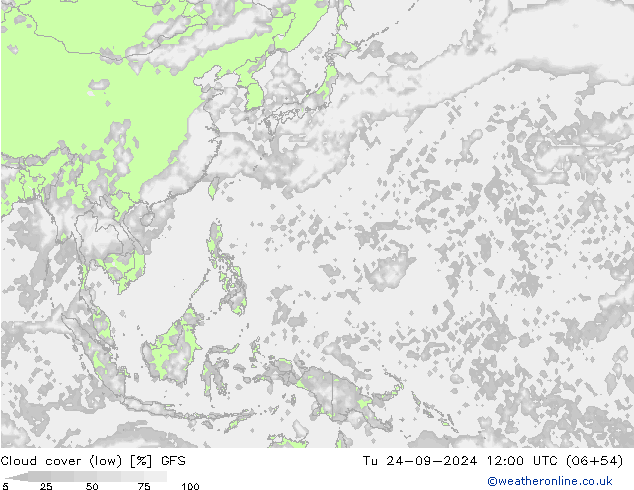 Cloud cover (low) GFS Tu 24.09.2024 12 UTC