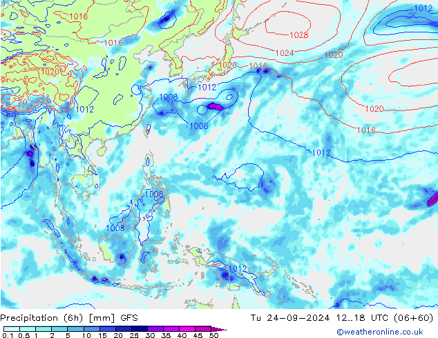 Precipitation (6h) GFS Tu 24.09.2024 18 UTC