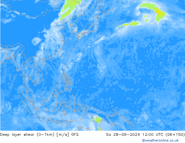 Deep layer shear (0-1km) GFS Sáb 28.09.2024 12 UTC