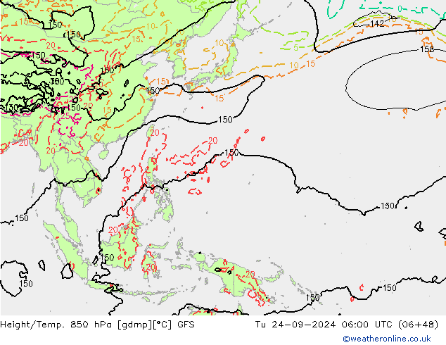 Hoogte/Temp. 850 hPa GFS di 24.09.2024 06 UTC