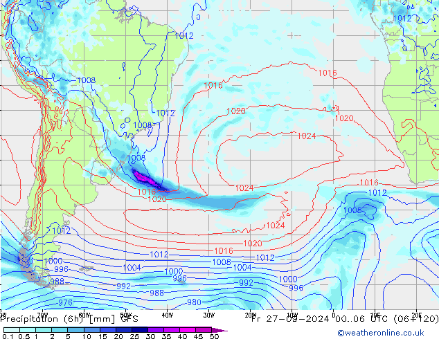 Z500/Rain (+SLP)/Z850 GFS ven 27.09.2024 06 UTC