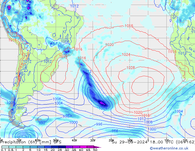 Totale neerslag (6h) GFS zo 29.09.2024 00 UTC