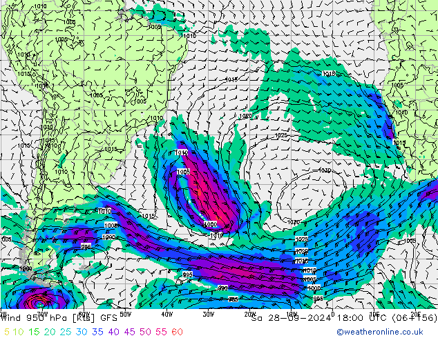 Wind 950 hPa GFS za 28.09.2024 18 UTC