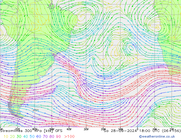 Stromlinien 300 hPa GFS Sa 28.09.2024 18 UTC