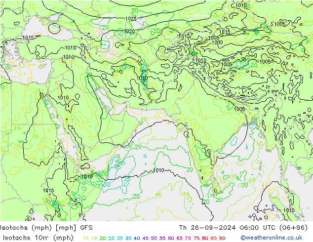 Isotachs (mph) GFS чт 26.09.2024 06 UTC