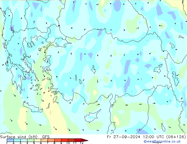 Surface wind (bft) GFS Fr 27.09.2024 12 UTC