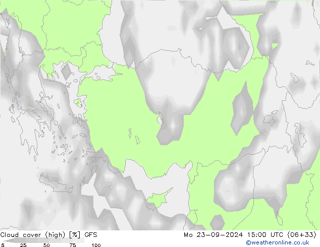 Cloud cover (high) GFS Mo 23.09.2024 15 UTC