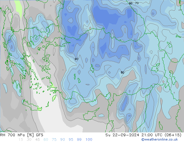 RH 700 hPa GFS dom 22.09.2024 21 UTC