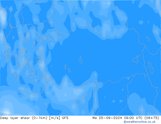 Deep layer shear (0-1km) GFS Qua 25.09.2024 09 UTC