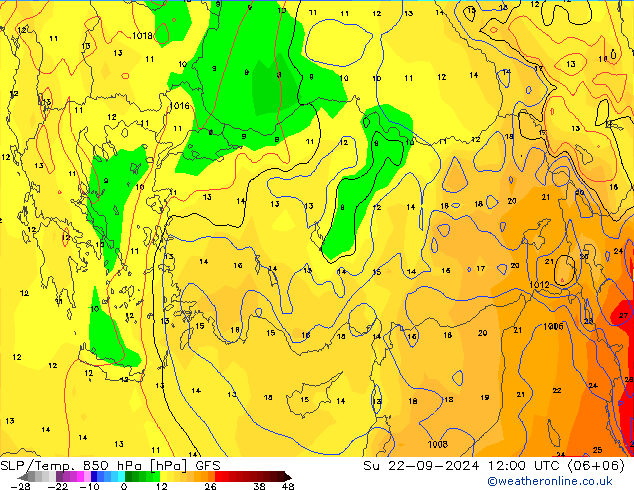 SLP/Temp. 850 hPa GFS dom 22.09.2024 12 UTC