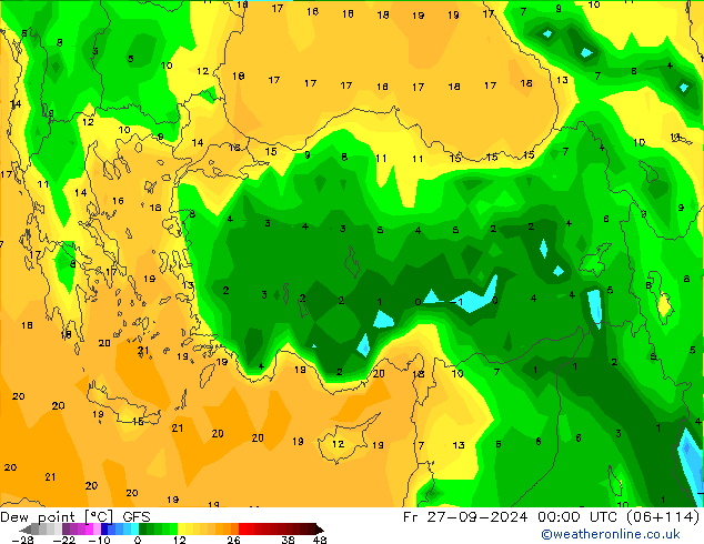 Punto di rugiada GFS ven 27.09.2024 00 UTC