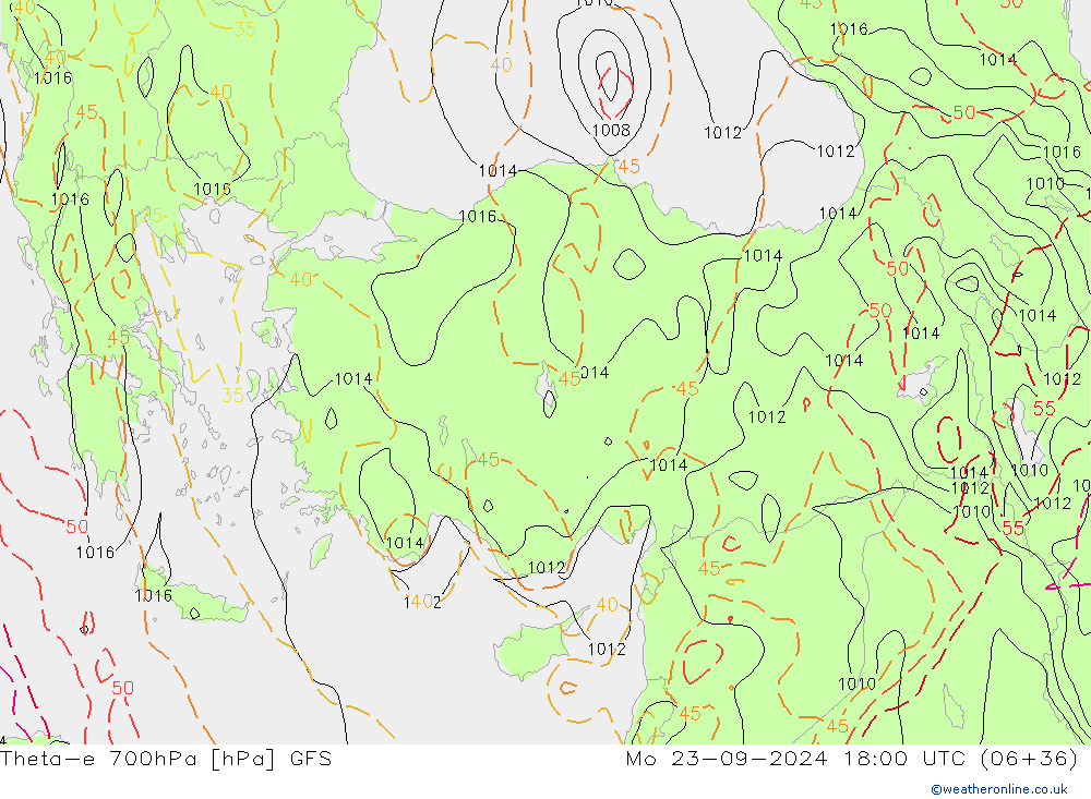 Theta-e 700hPa GFS Mo 23.09.2024 18 UTC