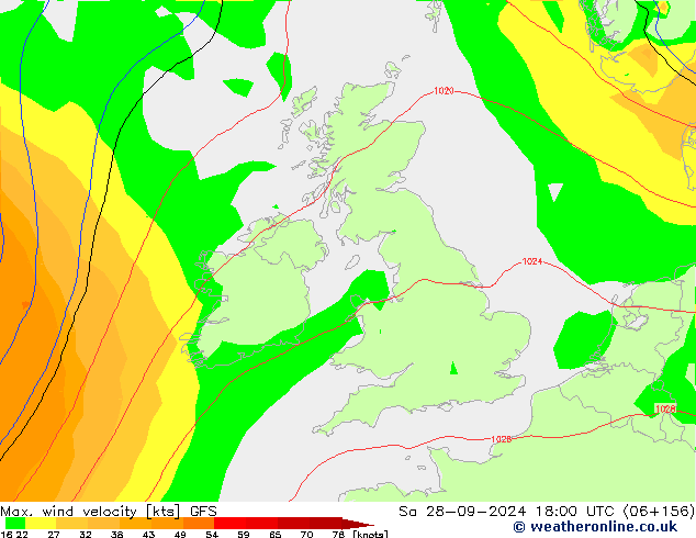 Max. wind velocity GFS сб 28.09.2024 18 UTC