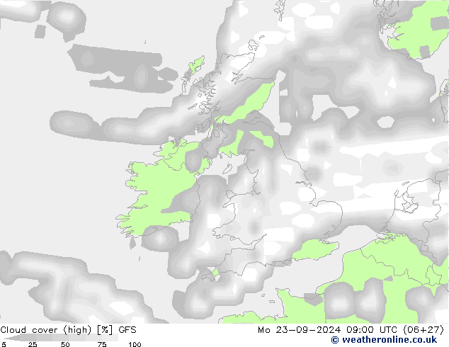 Wolken (hohe) GFS Mo 23.09.2024 09 UTC