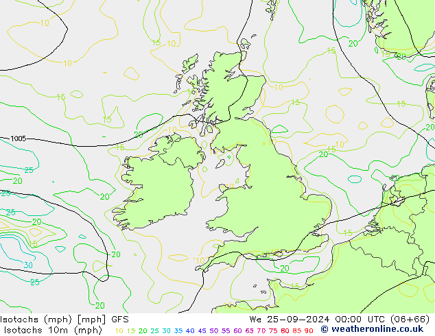 Isotachen (mph) GFS wo 25.09.2024 00 UTC