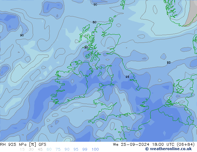 RH 925 hPa GFS mer 25.09.2024 18 UTC