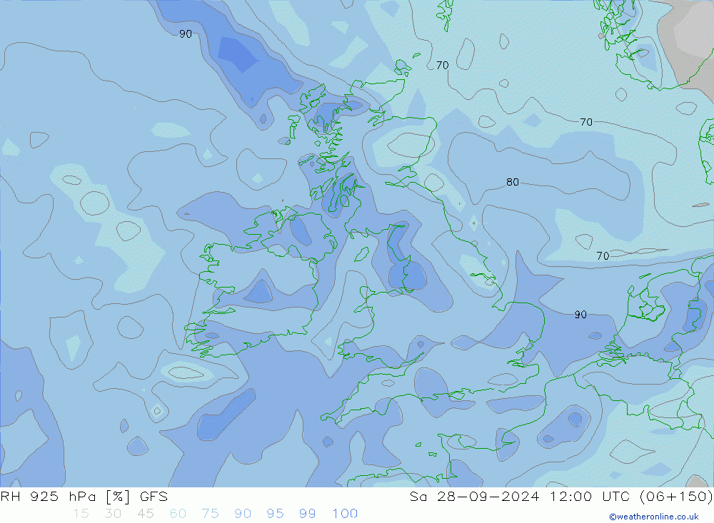 RH 925 hPa GFS sab 28.09.2024 12 UTC