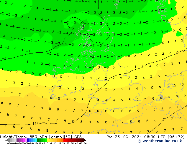 Hoogte/Temp. 850 hPa GFS wo 25.09.2024 06 UTC