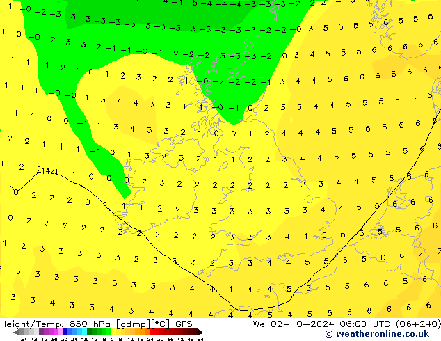 Height/Temp. 850 hPa GFS Mi 02.10.2024 06 UTC