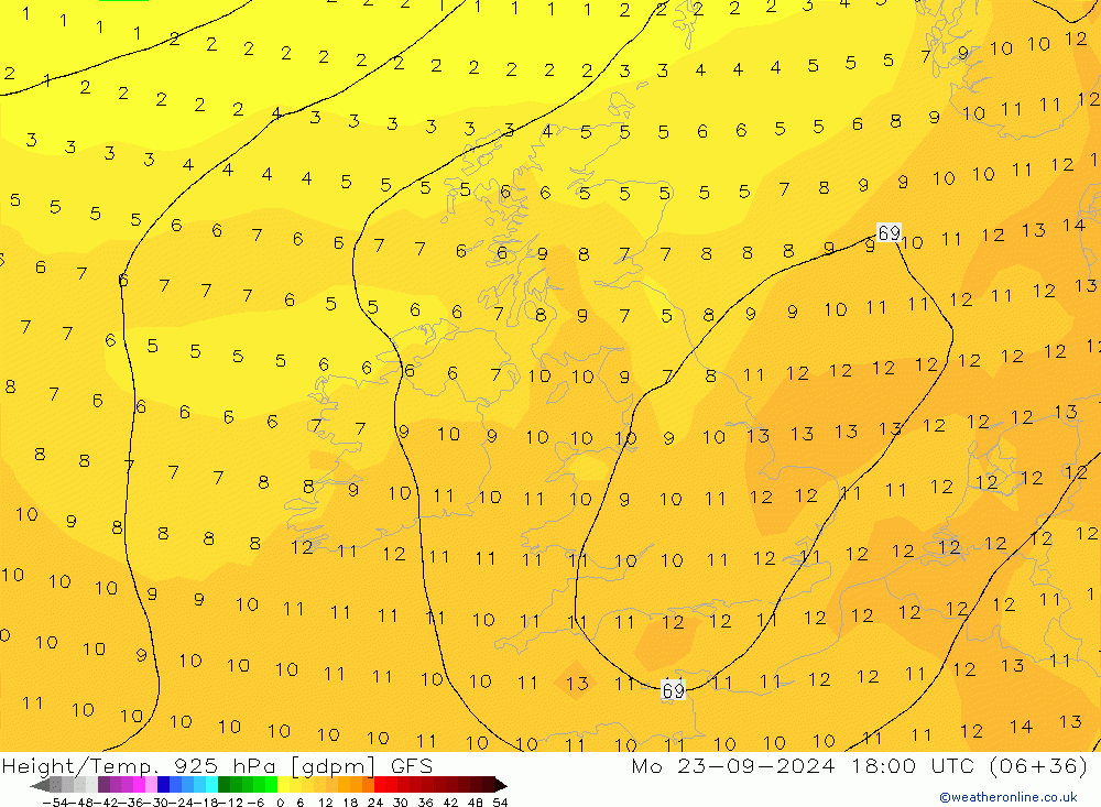 Hoogte/Temp. 925 hPa GFS ma 23.09.2024 18 UTC