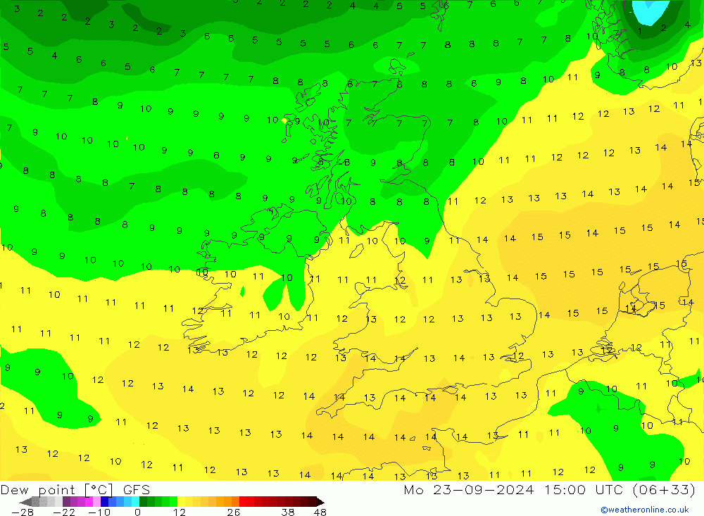 Taupunkt GFS Mo 23.09.2024 15 UTC