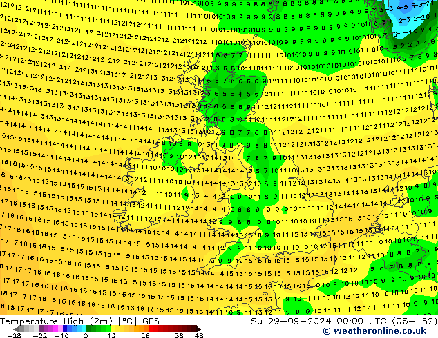 Nejvyšší teplota (2m) GFS Ne 29.09.2024 00 UTC