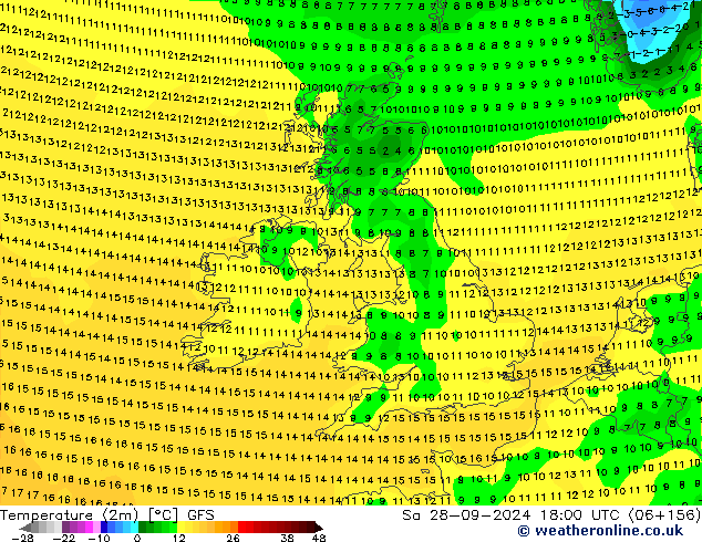 карта температуры GFS сб 28.09.2024 18 UTC