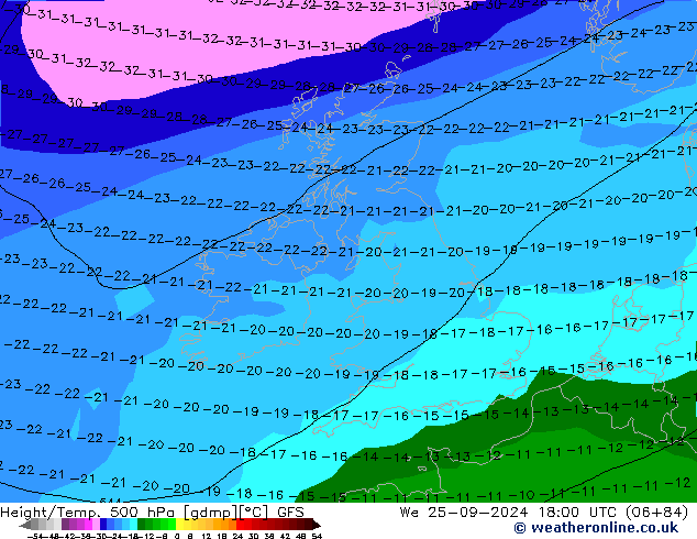 Height/Temp. 500 hPa GFS mer 25.09.2024 18 UTC