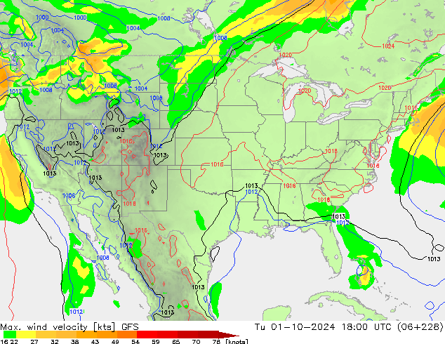 Max. wind velocity GFS Tu 01.10.2024 18 UTC