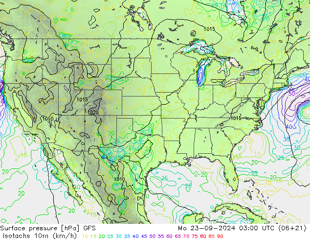 Isotachs (kph) GFS Po 23.09.2024 03 UTC