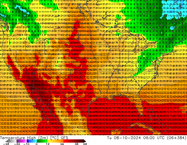 temperatura máx. (2m) GFS Ter 08.10.2024 06 UTC