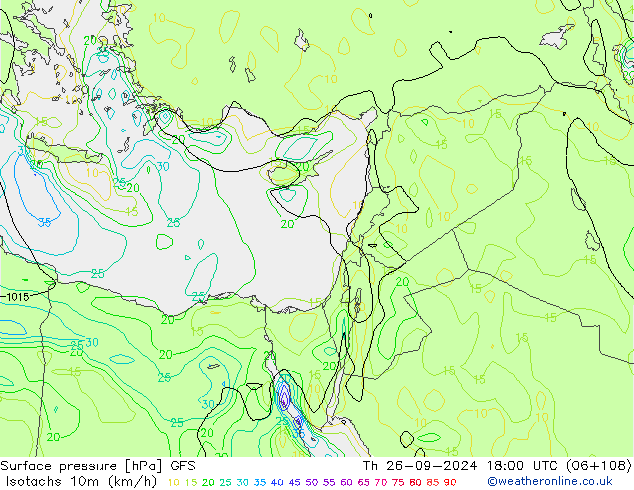 Isotachs (kph) GFS gio 26.09.2024 18 UTC