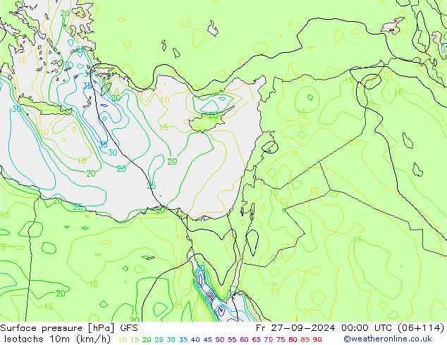 Isotachs (kph) GFS пт 27.09.2024 00 UTC