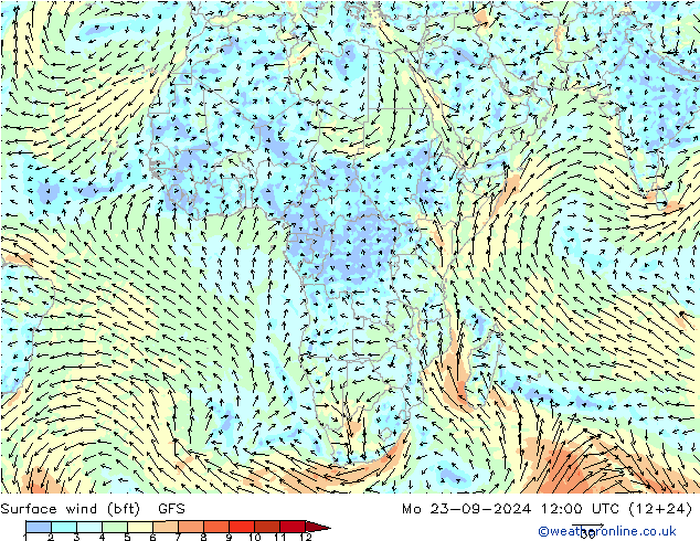 Surface wind (bft) GFS Mo 23.09.2024 12 UTC