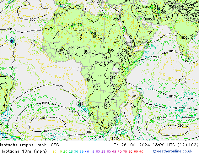 Isotachs (mph) GFS Th 26.09.2024 18 UTC