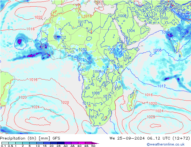 Z500/Rain (+SLP)/Z850 GFS mié 25.09.2024 12 UTC