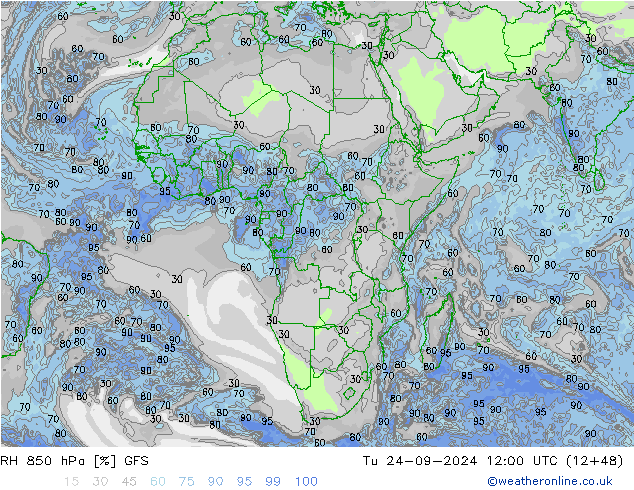 RH 850 hPa GFS wto. 24.09.2024 12 UTC