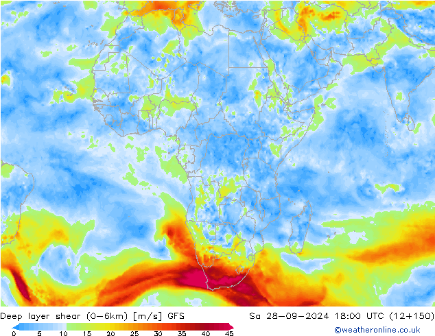 Deep layer shear (0-6km) GFS  28.09.2024 18 UTC