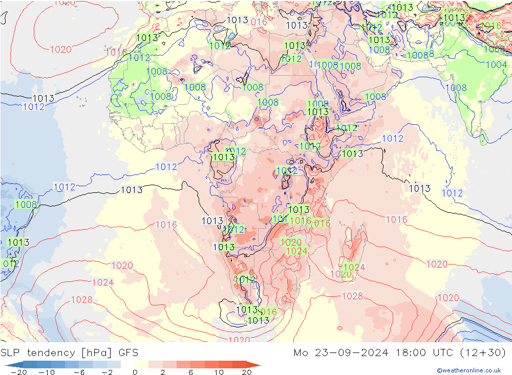 SLP tendency GFS Mo 23.09.2024 18 UTC