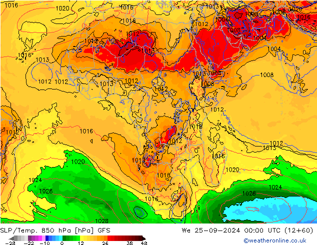 SLP/Temp. 850 hPa GFS Qua 25.09.2024 00 UTC