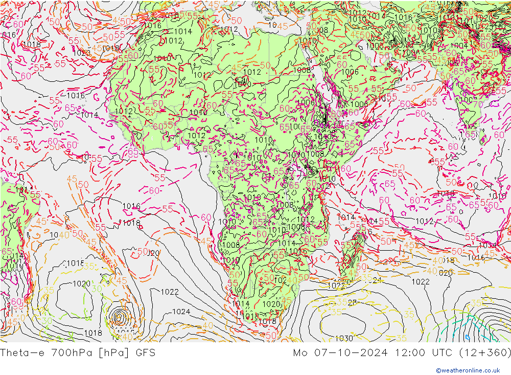 Theta-e 700hPa GFS lun 07.10.2024 12 UTC