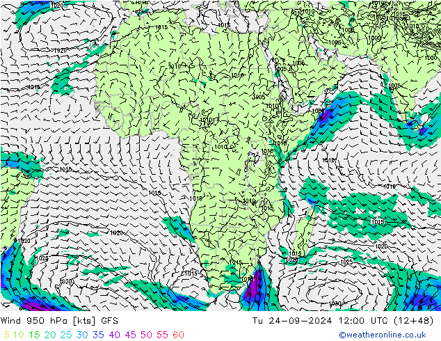 Wind 950 hPa GFS Út 24.09.2024 12 UTC